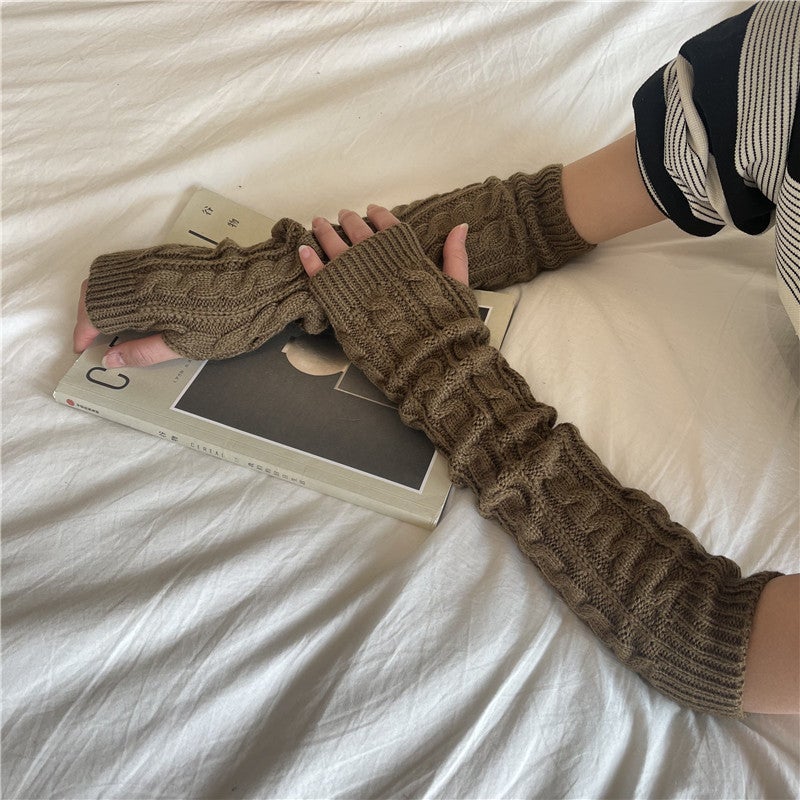 Warm Knit Arm Warmers Fingerless Long Sleeve Winter Accessory for Women Khaki 