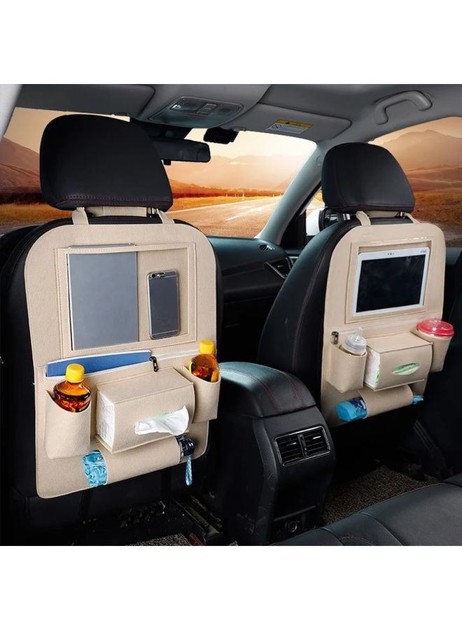 Brown Car Seat Back Organizer With Multiple Compartments And Hanging Pouch - Image 1