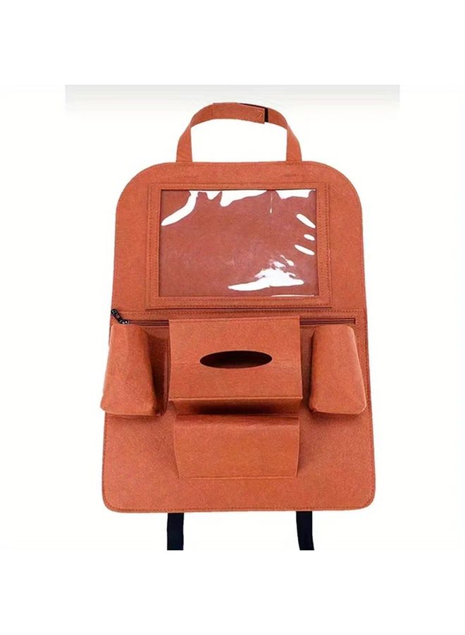 Brown Car Seat Back Organizer With Multiple Compartments And Hanging Pouch - Image 5