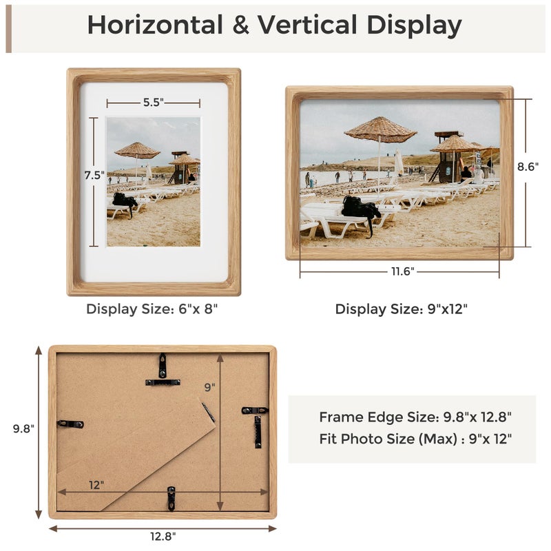 Heimlove 9x12 Picture Frames Natural Oak Original Wood Hand Make Crafted Diploma Frame with Mat to 6x8 Graduation Picture Display Family Picture Wedding Picture Photo Certificate Tabletop & Wall Decoration - Image 3