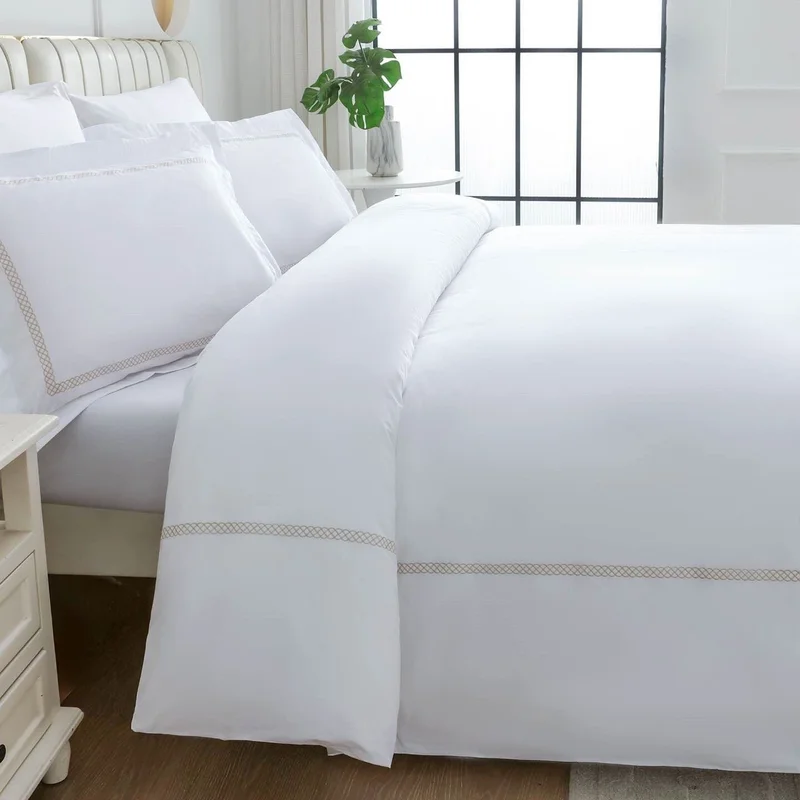 DWELL Dwell-100% Cotton Percale Embroidered 4 Piece Duvet Cover Set - Aleena-Duvet Cover - 260 x 240 CM, Fitted Sheet - 200 x 200 x 38 CM Pillow cases 50 x 80CM-White/Gold