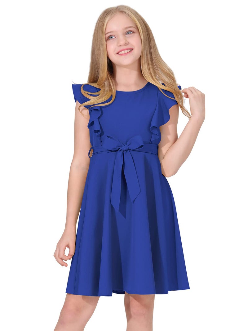 Quedoris Girls Ruffle Trim Sleeveless Belted Dress with Zipper Bright Blue 150Y - Image 1