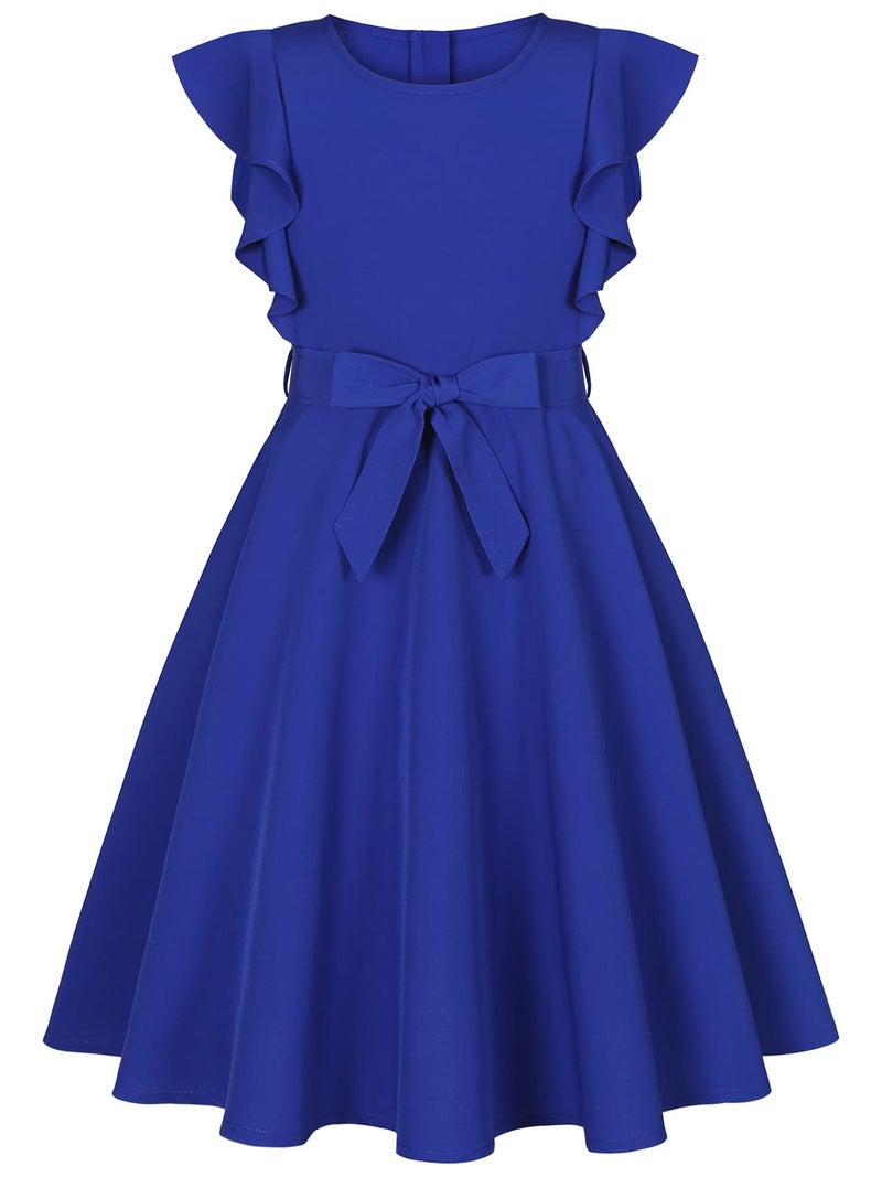 Quedoris Girls Ruffle Trim Sleeveless Belted Dress with Zipper Bright Blue 150Y - Image 3