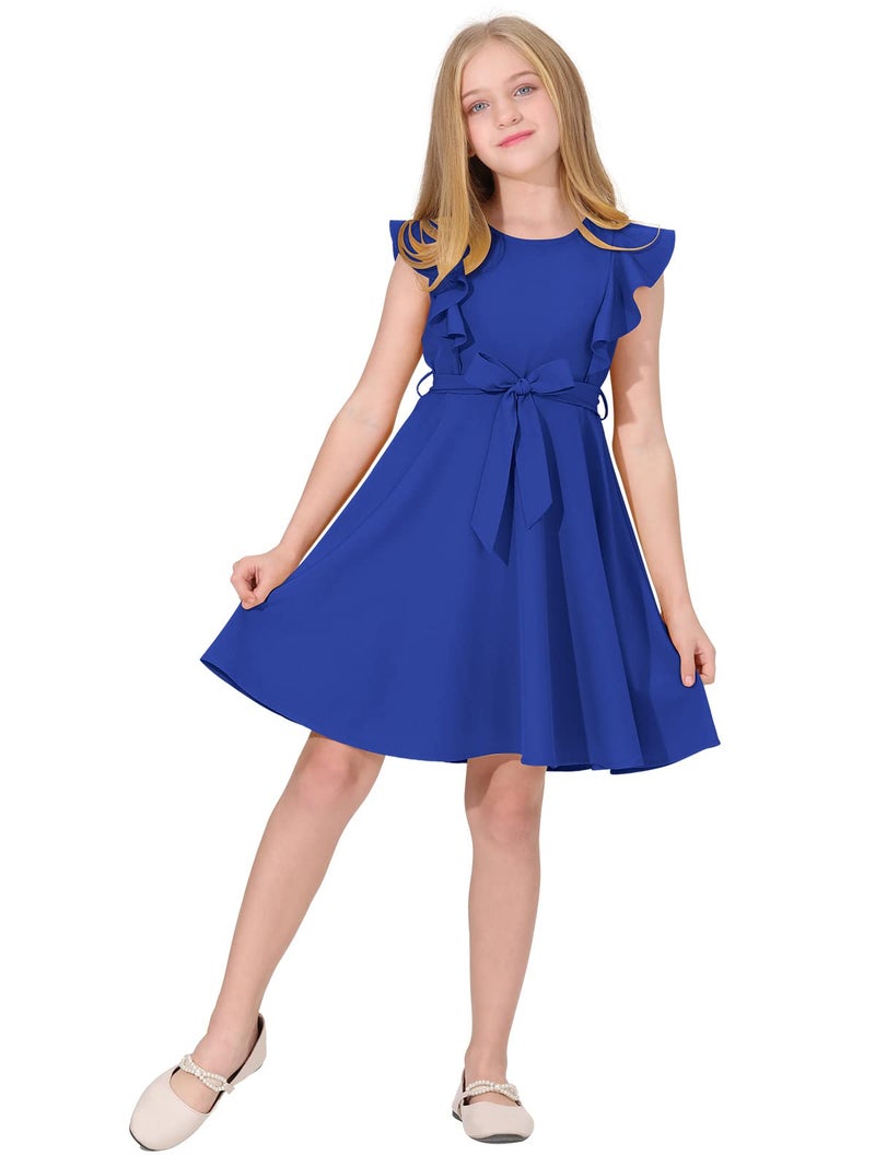 Quedoris Girls Ruffle Trim Sleeveless Belted Dress with Zipper Bright Blue 150Y - Image 2