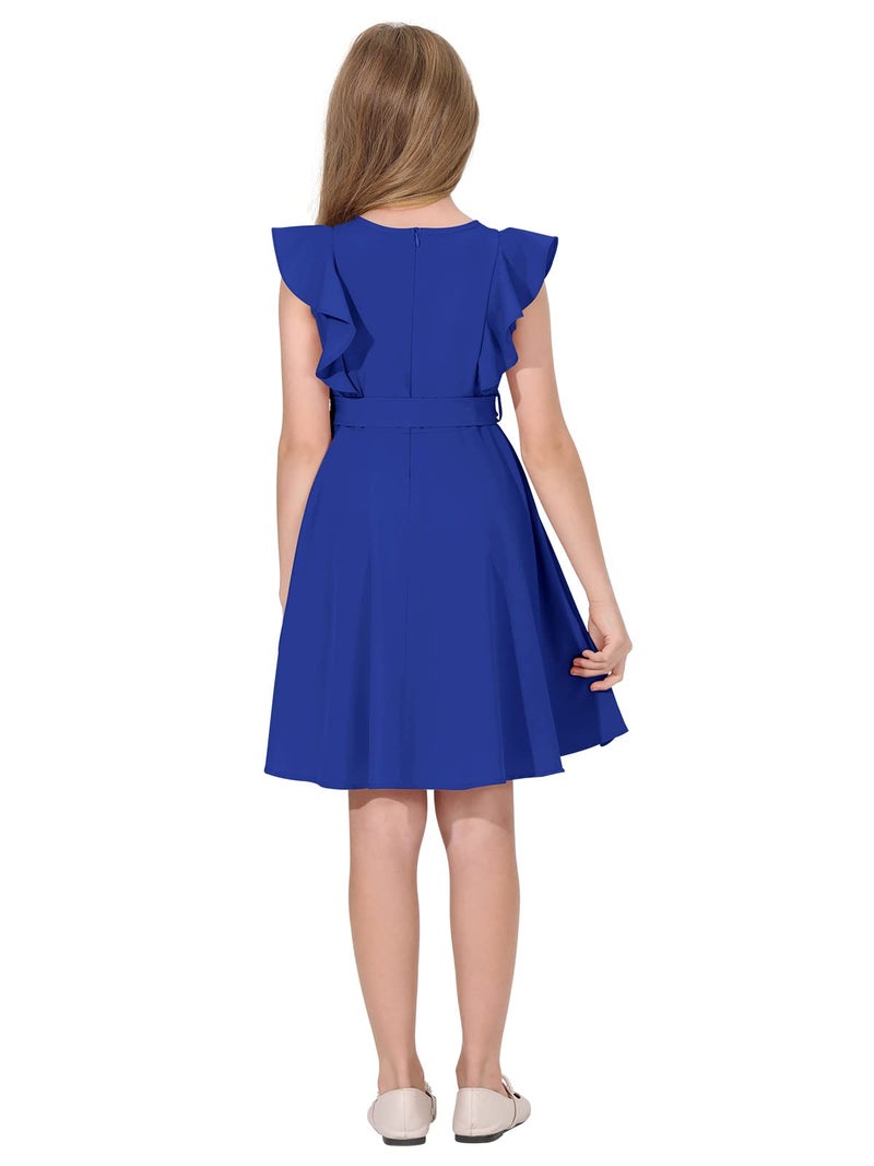 Quedoris Girls Ruffle Trim Sleeveless Belted Dress with Zipper Bright Blue 150Y - Image 4
