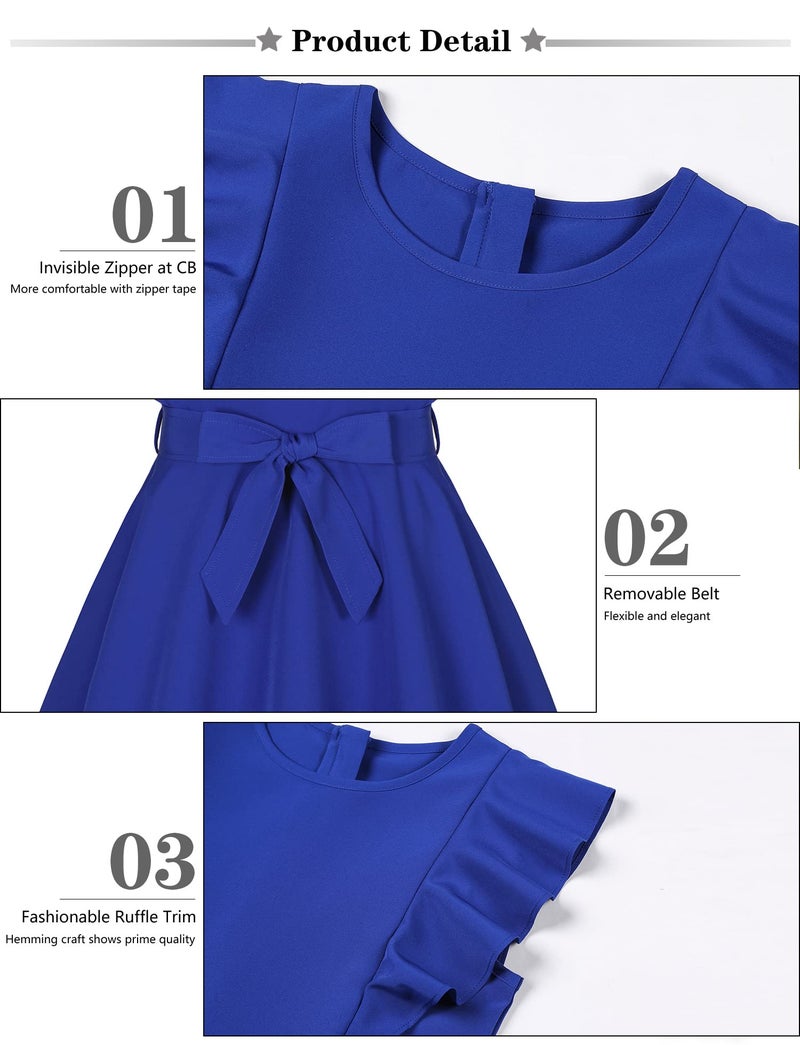Quedoris Girls Ruffle Trim Sleeveless Belted Dress with Zipper Bright Blue 150Y - Image 5