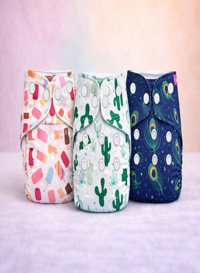 MOMSARC Cotton Cloth Diapers for Baby | Washable & Reusable Baby Diapers | Free Size 0-3 Years | Leak Proof Cloth Diaper with Quick Dry Pad & 3 Inserts | Rash-Free | Multicolor (Pack of 3) - Image 1