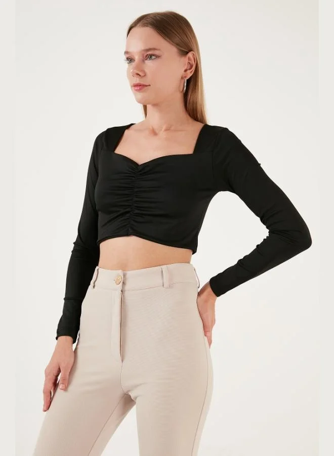 Lela Lela Slim Fit Heart Neckline Front Gathered Crop Blouse Women's Blouse 5865401