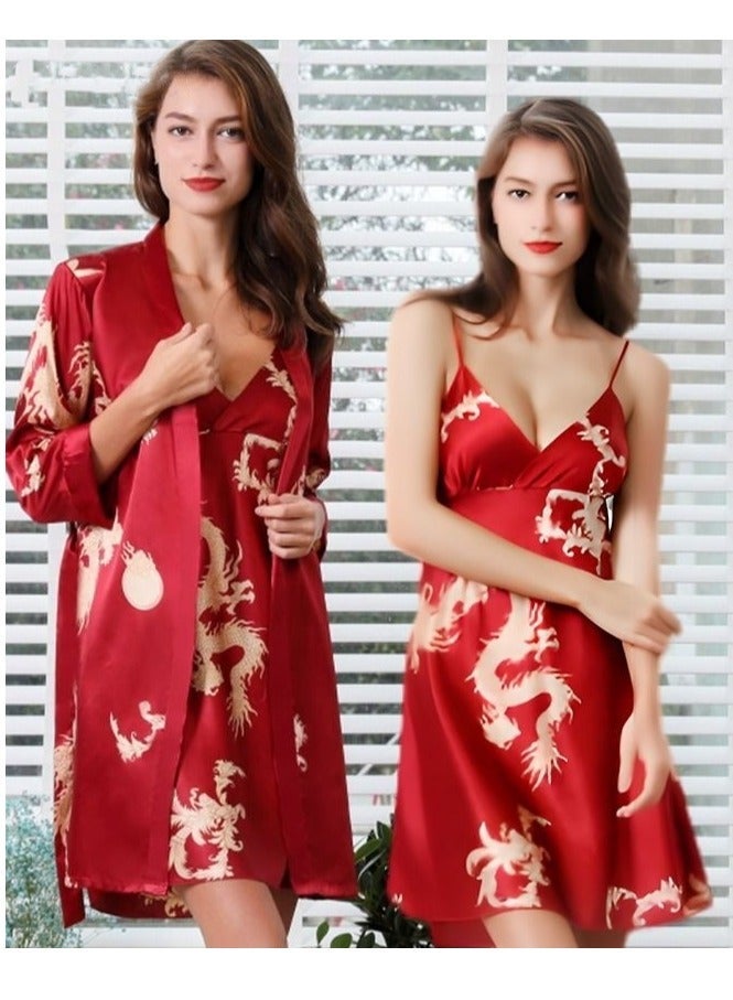 NIBEMINENT Plus Size Slip Dress and Robe for Ladies Silk Dragon Pattern Pajamas Bathrobe gift Girlfriend Wife Summer Loungewear Nightwear Women - Image 1