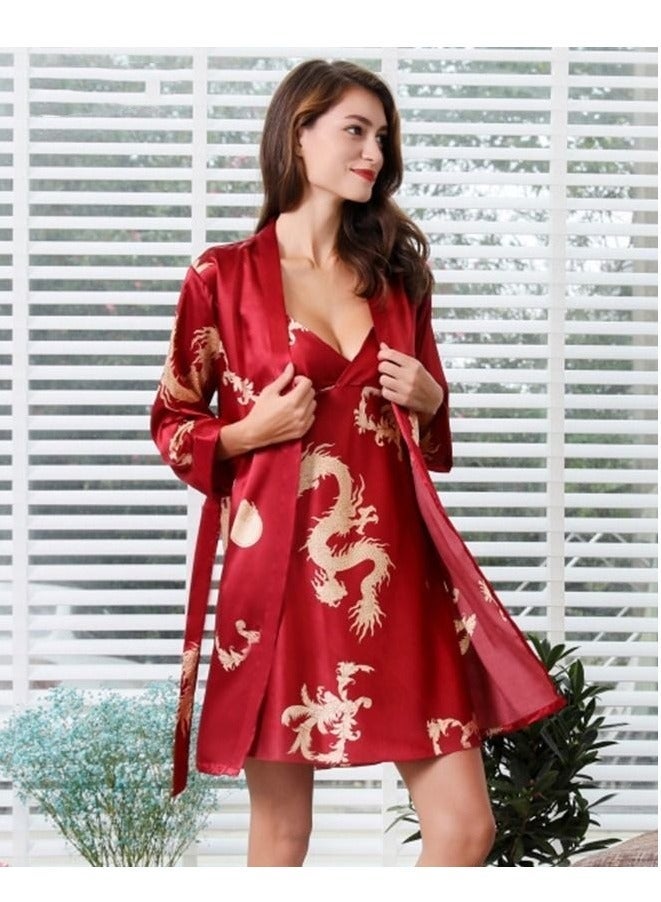 NIBEMINENT Plus Size Slip Dress and Robe for Ladies Silk Dragon Pattern Pajamas Bathrobe gift Girlfriend Wife Summer Loungewear Nightwear Women - Image 2