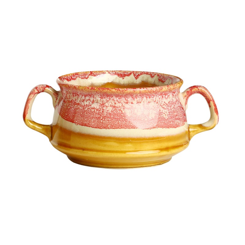 Caffeine Ceramic Handmade Pink and Brown Studio Double Handle Soup Bowls with Spoon (Set of 4) - Image 3