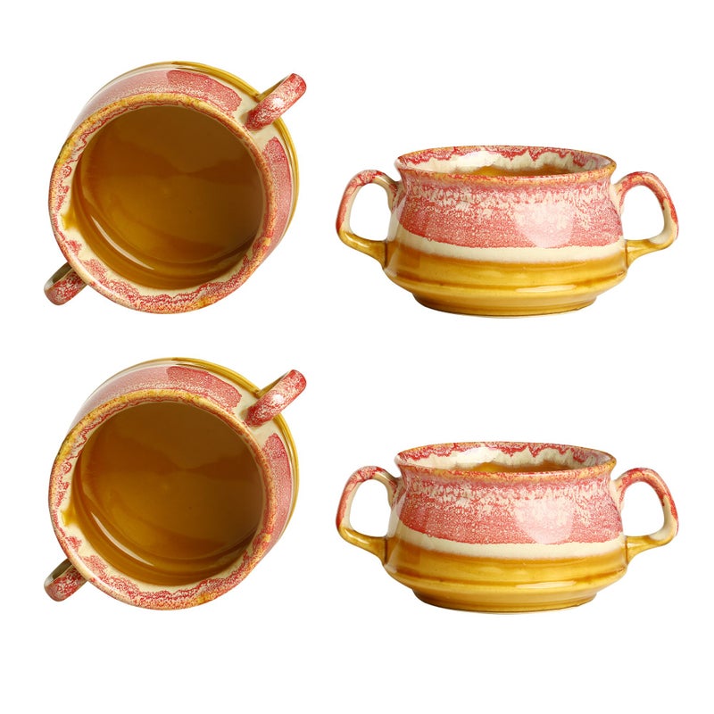 Caffeine Ceramic Handmade Pink and Brown Studio Double Handle Soup Bowls with Spoon (Set of 4) - Image 1