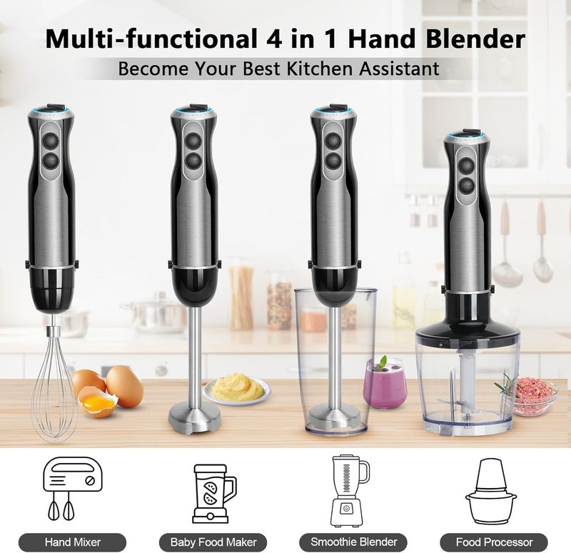 NIUB Immersion Hand Blender,1000W Handheld Kitchen Gadget Stick Blender, 4 in 1 Stick Blender Set with 4 Stainless Steel Blades, Whisk and Frother for Soup, Baby Food and Smoothies - Image 2