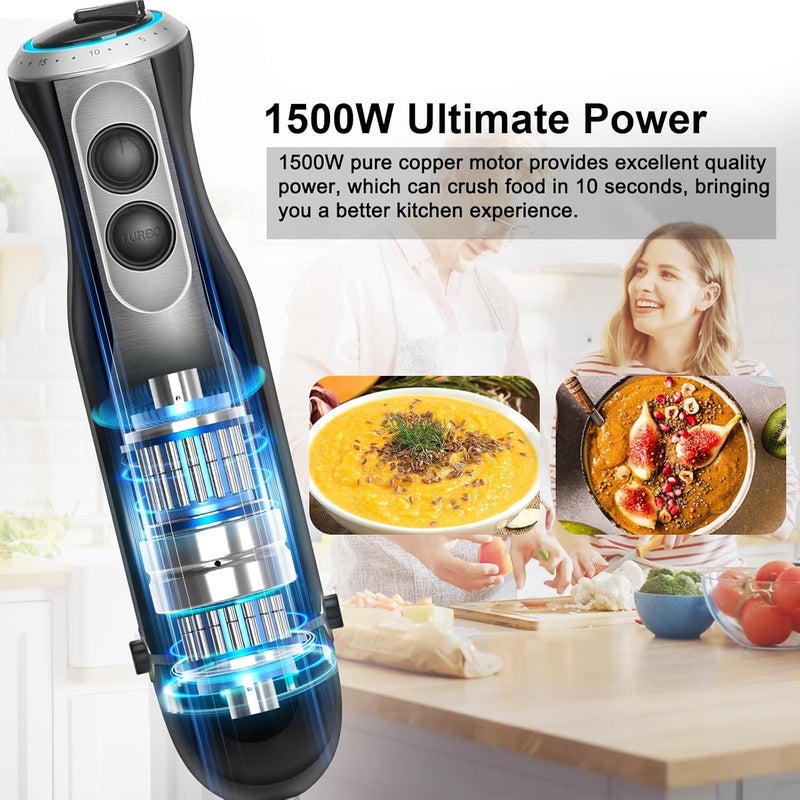 NIUB Immersion Hand Blender,1000W Handheld Kitchen Gadget Stick Blender, 4 in 1 Stick Blender Set with 4 Stainless Steel Blades, Whisk and Frother for Soup, Baby Food and Smoothies - Image 3