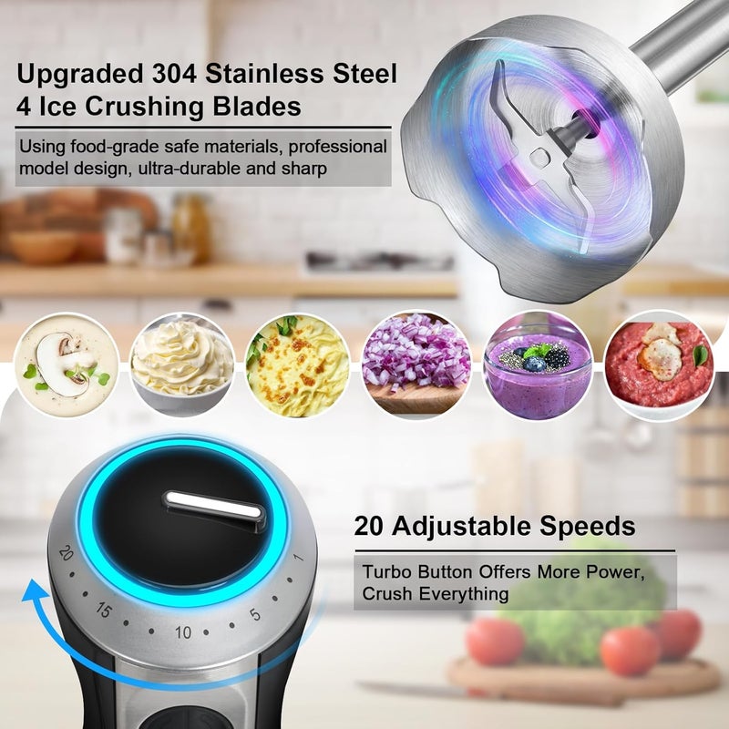 NIUB Immersion Hand Blender,1000W Handheld Kitchen Gadget Stick Blender, 4 in 1 Stick Blender Set with 4 Stainless Steel Blades, Whisk and Frother for Soup, Baby Food and Smoothies - Image 4