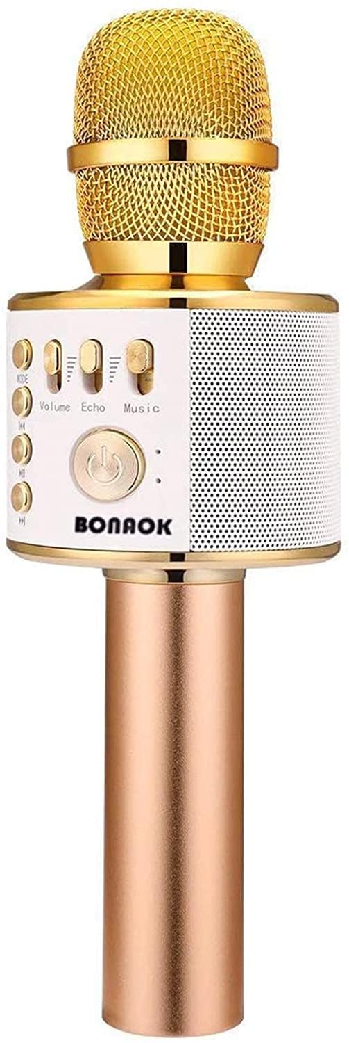 BONAOK ميكروفون كاريوكي لاسلكي بلوتوث BONAOK، 3 في 1 ميكروفون محمول يدوي مكبر صوت آلة حفلات منزلية عيد ميلاد لجميع الهواتف الذكية (Q37 ذهب) - Image 1