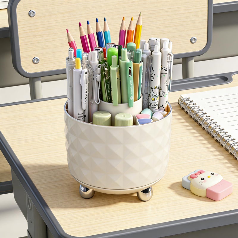 GOTOBA 360Â° Rotating Pencil Holder for Desk, Makeup Brush Holder with 6 Slots, Desk Organizer for Writing Utensil, Office and School Supplies (Milky White) - Image 5