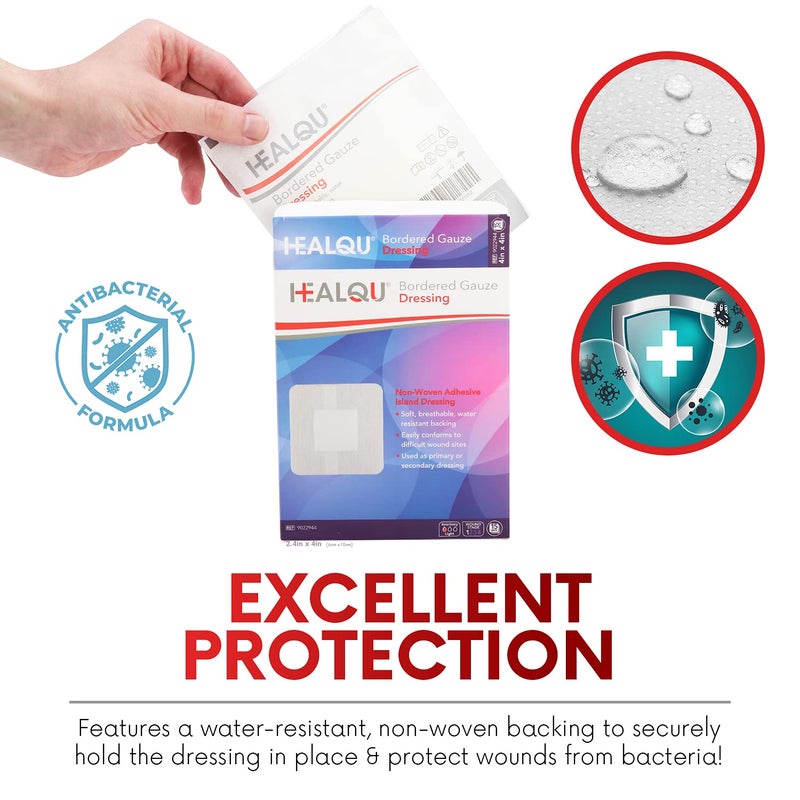 HEALQU Bordered Gauze Island Dressing - 50 Count, 2.4"x4" Sterile Individually Wrapped Gauze Pads with Water-Resistant, Non-Woven Backing - Soft and Breathable Wound Dressing for First Aid & Medical - Image 4