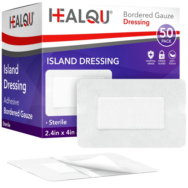 HEALQU Bordered Gauze Island Dressing - 50 Count, 2.4"x4" Sterile Individually Wrapped Gauze Pads with Water-Resistant, Non-Woven Backing - Soft and Breathable Wound Dressing for First Aid & Medical - Image 1