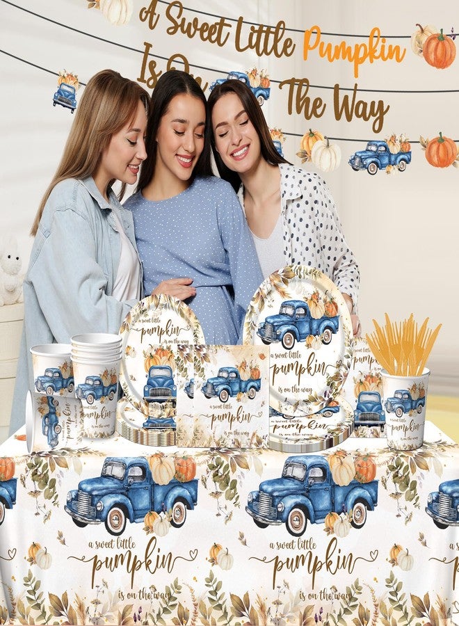 Dydamud Little Pumpkin Baby Shower Decorations, 142pcs A Sweet Little Pumpkin Is On The Way Banner Pumpkin Plates and Napkins Boy Blue Truck Boho Thanksgiving Fall Gender Reveal Baby Shower Party Supplies - Image 2