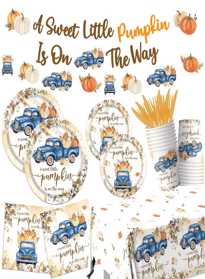 Dydamud Little Pumpkin Baby Shower Decorations, 142pcs A Sweet Little Pumpkin Is On The Way Banner Pumpkin Plates and Napkins Boy Blue Truck Boho Thanksgiving Fall Gender Reveal Baby Shower Party Supplies - Image 1
