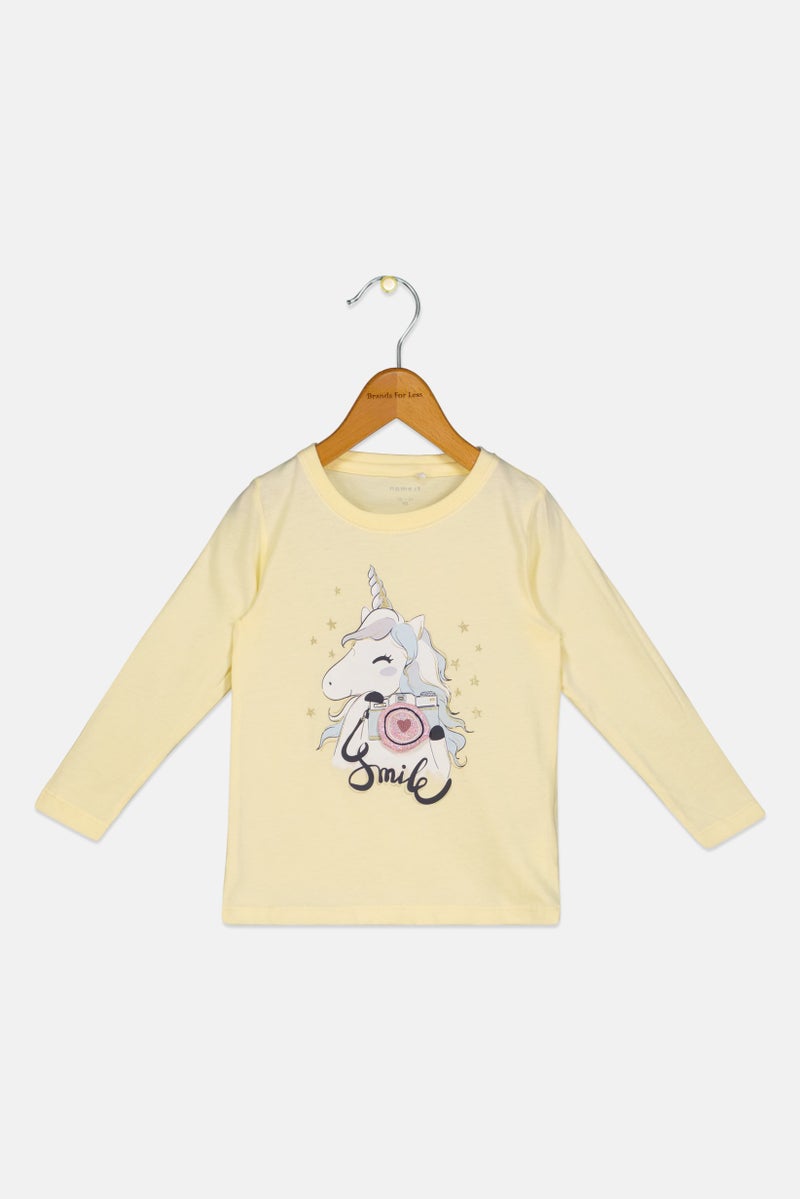 NAME IT Toddlers Girl Graphic Print Long Sleeve Top, Pale Yellow - Image 1