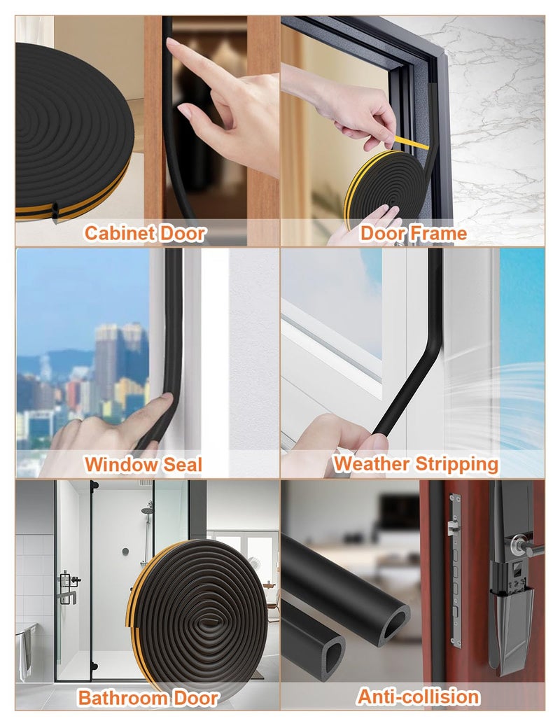 CHENYA 32.8 Ft Weather Stripping Door Seal Strip,Self Adhesive Door Soundproofing D Shaped Weatherstripping for Door Frame/Window,Black,3/8" W × 1/4" T - Image 4