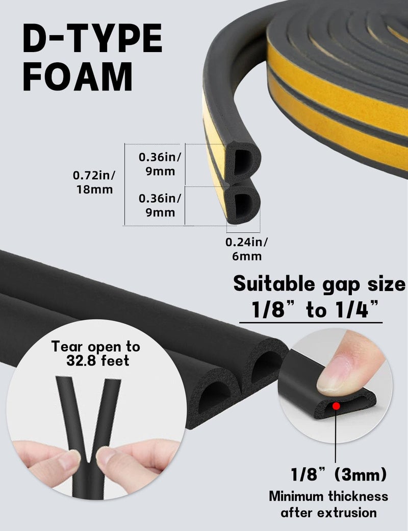 CHENYA 32.8 Ft Weather Stripping Door Seal Strip,Self Adhesive Door Soundproofing D Shaped Weatherstripping for Door Frame/Window,Black,3/8" W × 1/4" T - Image 3