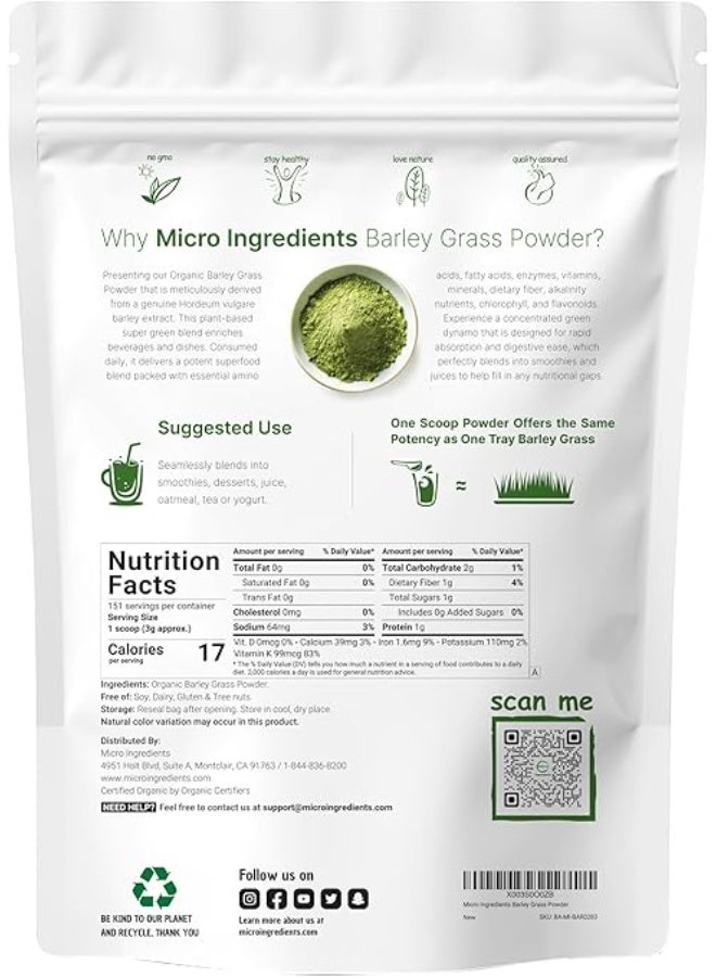 Micro Ingredients مسحوق عشبة الشعير العضوية المزروعة بشكل مستدام في الولايات المتحدة، 10 أونصات، غني بفيتامين المناعة والألياف والمعادن ومضادات الأكسدة والبروتين، يدعم الجهاز المناعي ووظيفة الهضم، مناسب للنباتيين - Image 3