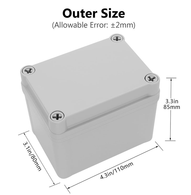 LeMotech Junction Box IP67 Waterproof Dustproof ABS Plastic Project Box for Electrical Outdoor Enclosure Gray 4.3 x 3.1 x 3.3 inch (110 x 80 x 85 mm) - Image 2