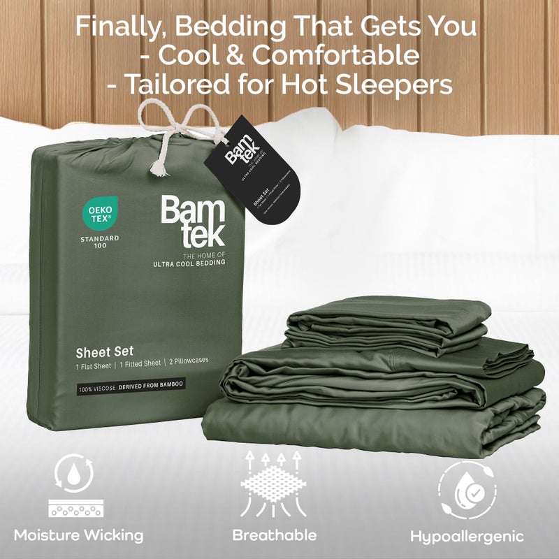 Bamtek 100% Viscose from Bamboo Sheets Queen Size, Super Soft Bedding Set, 4PC Cooling Sheets for Hot Sleepers, Vegan Silk Moisture Wicking, Organically Grown Bedsheet, Moss - 60" x 80" - Image 3