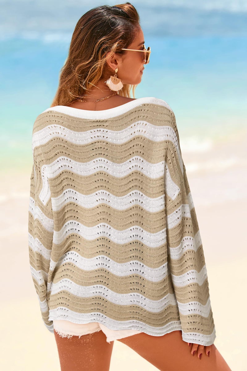 Arach&Cloz Womens Linen Summer Spring Oversized Boat Neck Crochet Hollow Out Beach Cover ups Long Sleeve Shirt Vacation Cruise Off The Shoulder Tops Sweaters Outfits Apricot L - Image 5