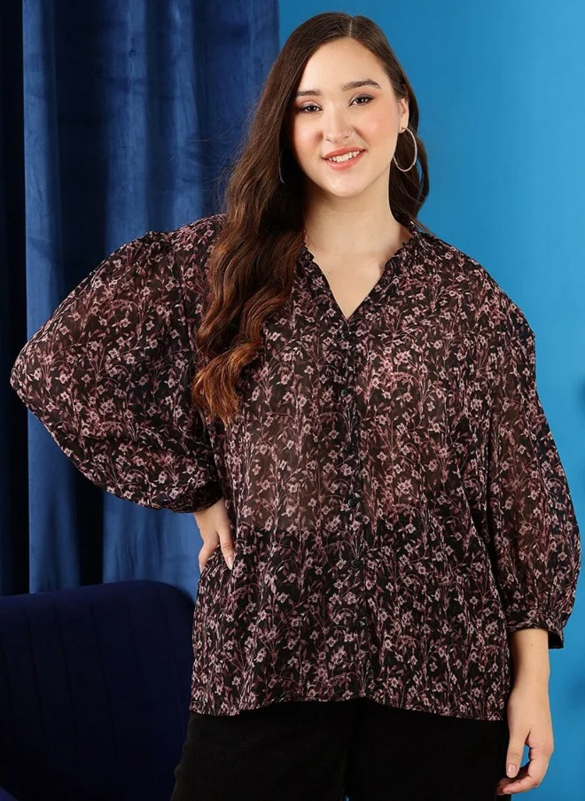 CURVY STREET Floral Printed V-Neck Bell Sleeve Top for Women