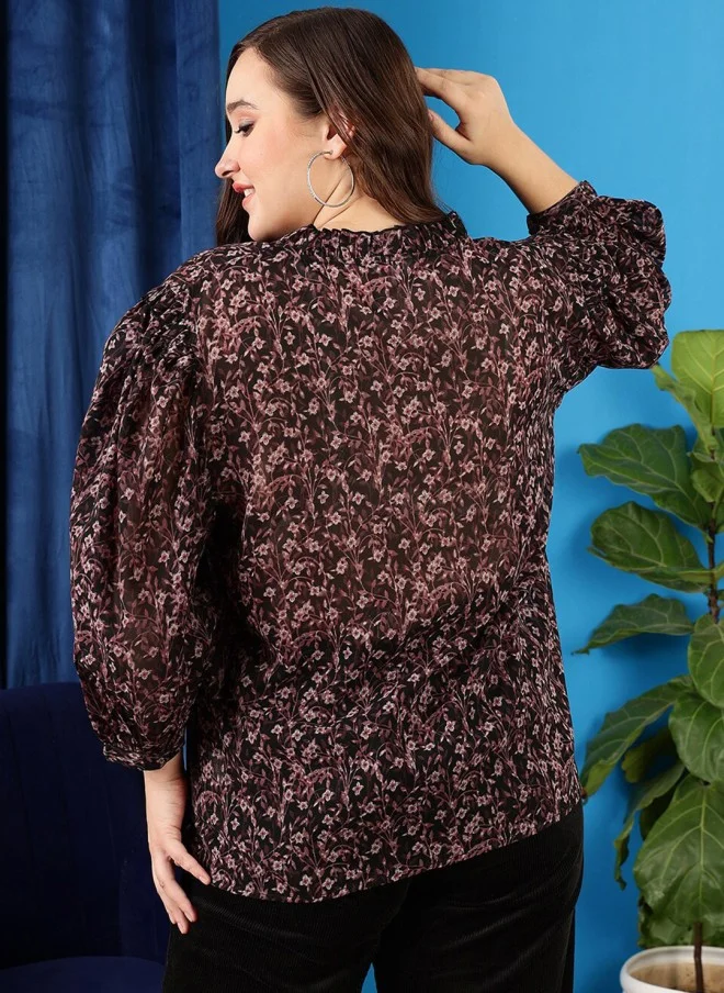 CURVY STREET Floral Printed V-Neck Bell Sleeve Top for Women