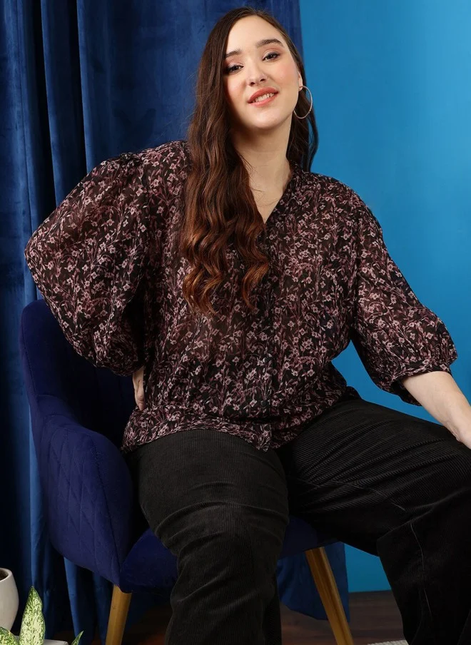 CURVY STREET Floral Printed V-Neck Bell Sleeve Top for Women