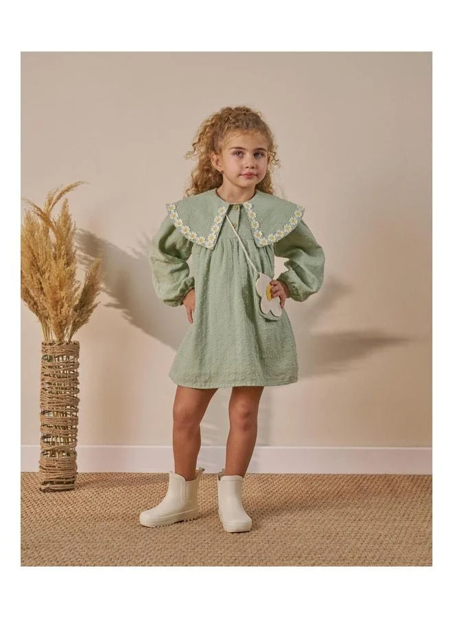 Magu Girls’ Cotton Green Daisy Embroidered Dress with Bag