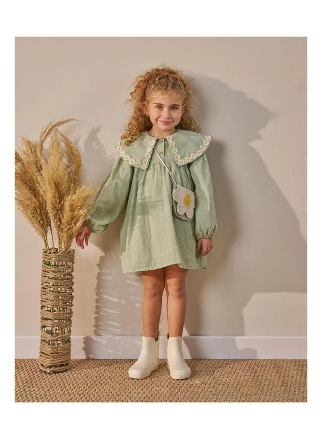 Magu Girls’ Cotton Green Daisy Embroidered Dress with Bag