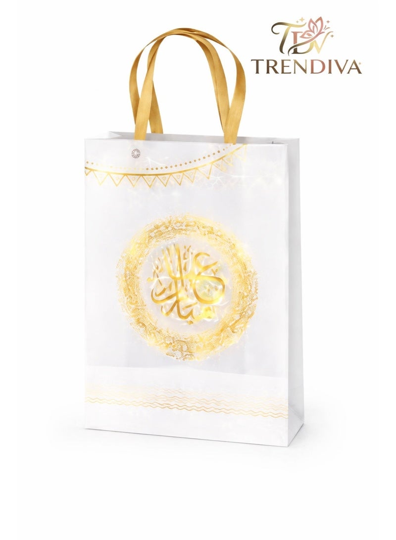 Trendiva Eid Mubarak Gift Bags Pack of 12 – White & Gold Islamic Gift Bags with Strong Handles | Ramadan & Eid Party Favor Bags for Sweets, Gifts, Chocolates & Decorations - Image 1