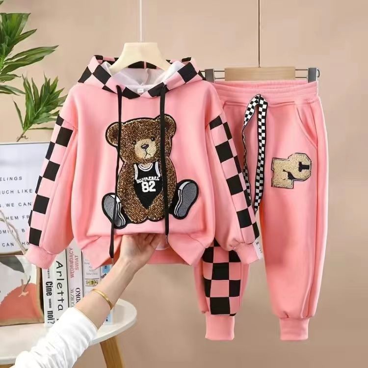 Girls Internet Celebrating suit Stylish Spring and Autumn 2024 New Childrens Girls Baby Childrens Fashionable Trendy Cartoon Two-Piece Set Pink suit [without hood cord]