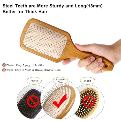 LUVINA Bamboo Hair Brush with Steel bristles, Wooden hair brush for Women & Men Natural Wood Comb for Massaging Scalp, Paddle Hair Brush for Women (Bamboo Square Steel Bristles) - Image 5