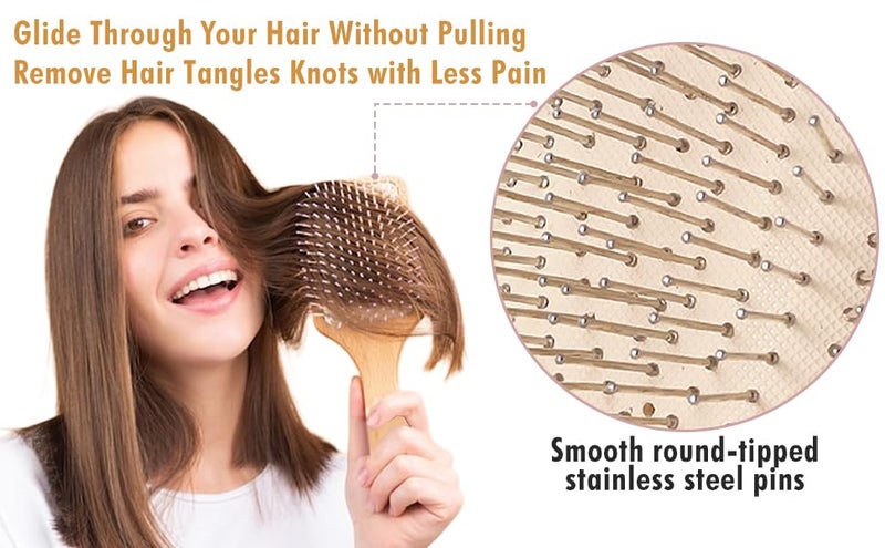 LUVINA Bamboo Hair Brush with Steel bristles, Wooden hair brush for Women & Men Natural Wood Comb for Massaging Scalp, Paddle Hair Brush for Women (Bamboo Square Steel Bristles) - Image 3