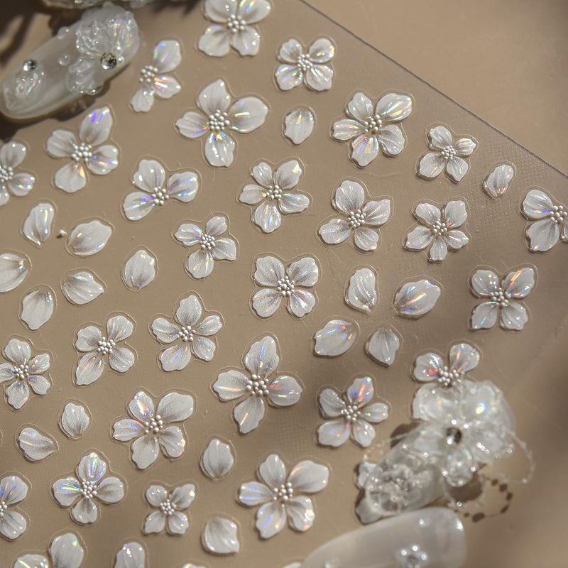 juggssa Flower Nail Art Stickers Decals White Flower Nail Stickers 1PCS Exquisite Shiny Shell Light Crystal Flowers Nail Decals Jelly Flowers Stickers for Nails Spring Summer DIY Manicure Nail Art Decorations - Image 3