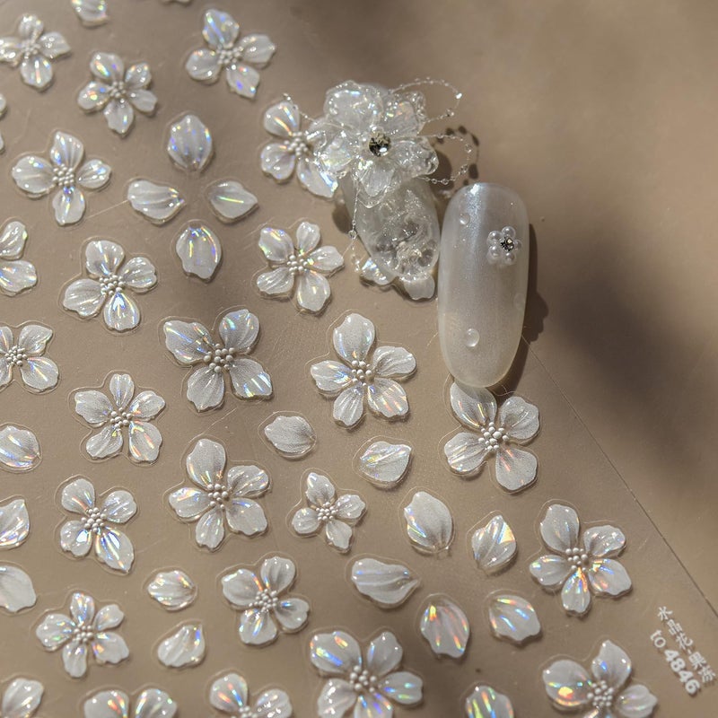 juggssa Flower Nail Art Stickers Decals White Flower Nail Stickers 1PCS Exquisite Shiny Shell Light Crystal Flowers Nail Decals Jelly Flowers Stickers for Nails Spring Summer DIY Manicure Nail Art Decorations - Image 1