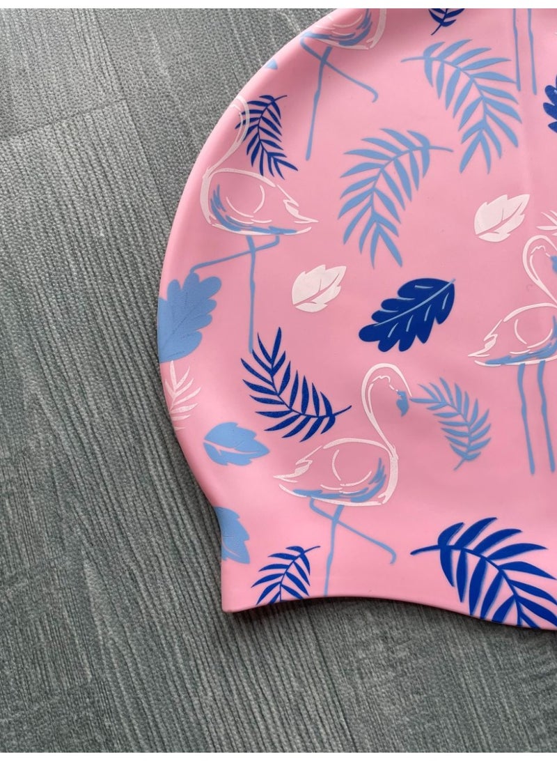 بونيه سباحة سيليكون بتصميم فلامنجو وأوراق – لون وردي - Image 2