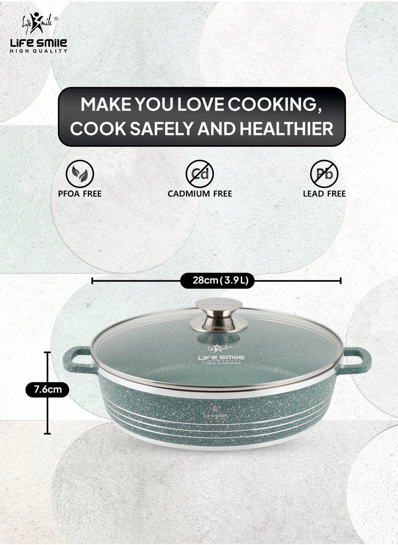 Life Smile 28cm (3.9 Liter) LIFE SMILE Shallow Pot with Lid | Non Stick PFOA FREE Granite Coating Frying Pan | Oven Safe | Dishwasher Safe | Double Handle (Green)  - Image 3