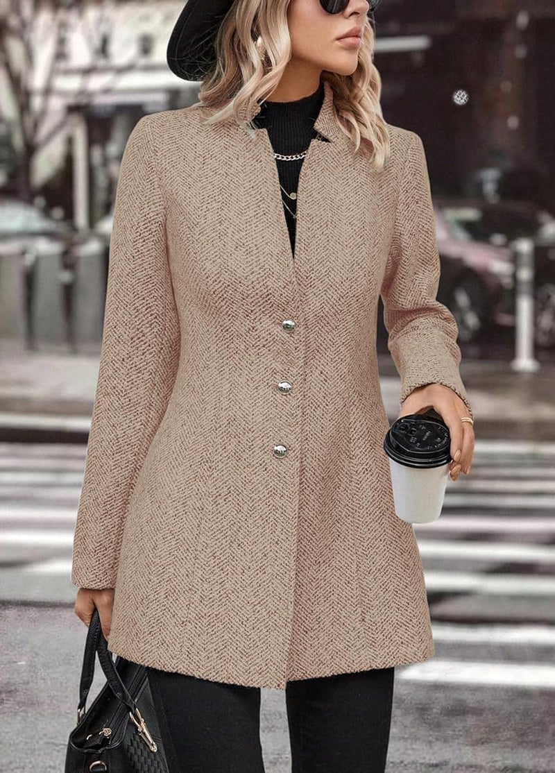 yoeasy Women's Stand Collar Single Breasted Pea Coat Casual Wool Blend Mid Long Trench Coat Winter Jackets (Small, Khaki) - Image 1