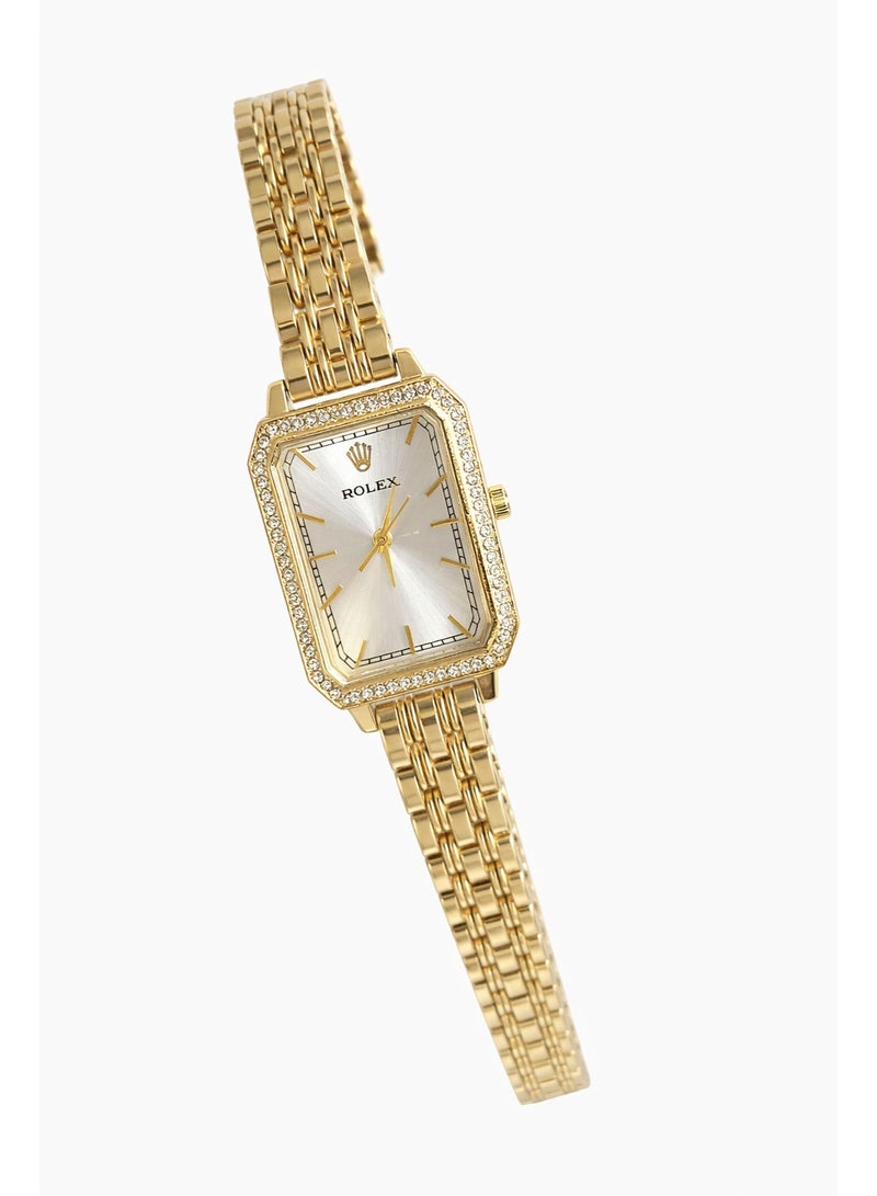 رولكس ساعة رولكس نسائية مستطيلة ذهبية من الستانلس ستيل بإطار مرصع بالكريستال