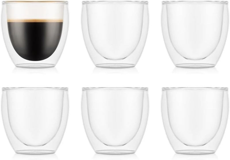 bodum Double Walled Glasses Pack of 6 PAVINA - 80ml Espresso Cups - Dishwasher Safe Thermal Cup - Mouth-Blown Borosilicate Glass - Image 1