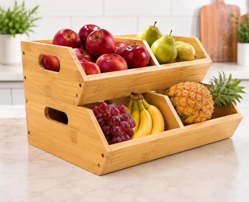 Sholramo 2Pack Stackable Vegetable Storage Bins Kitchen and Pantry Organizers and Storage Baskets for Fruit Vegetable Produce Bread Potato Onion and Snacks Bamboo Kitchen Storage Containers - Image 1