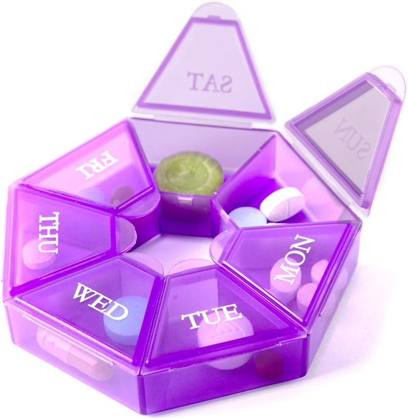 Deke Home - Small Weekly Pill Organizer, Round Pill Dispenser for Travel, Mini Pill Organizer, Compact Medicine Holder, Pill Sorters 7 Days, Portable Vitamin Container